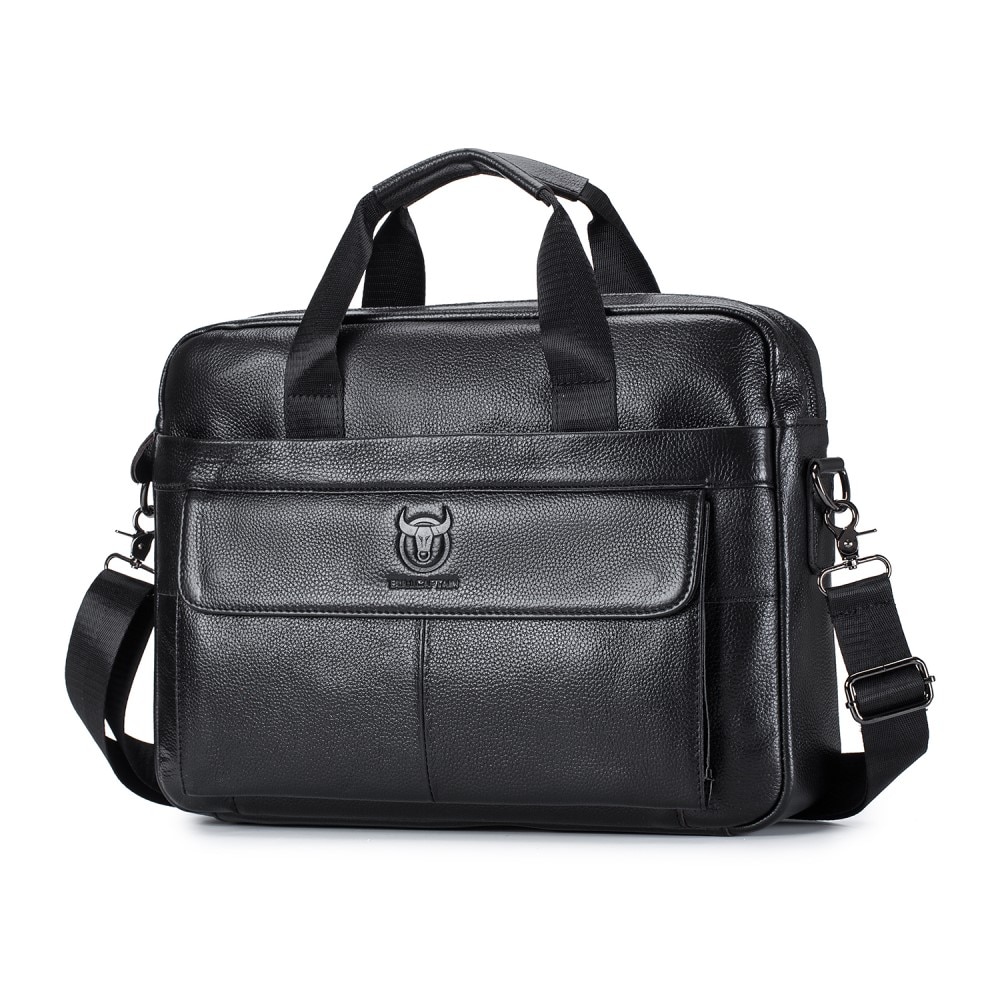 Leather Laptop Bag with Shoulder Strap Black