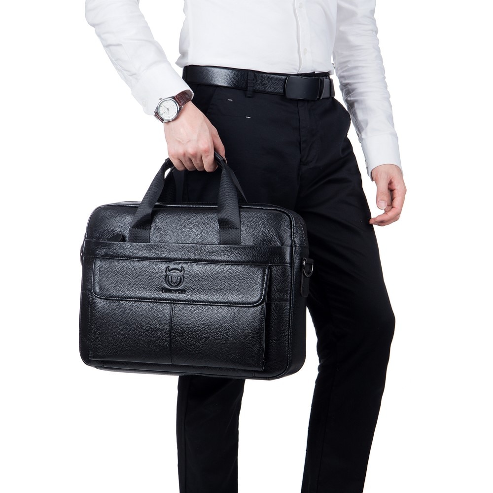 Leather Laptop Bag with Shoulder Strap Black