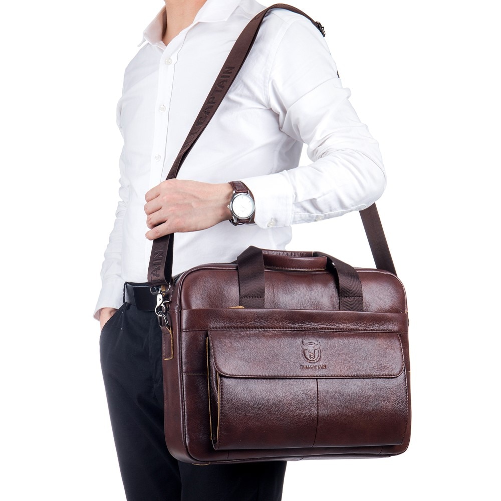 Leather Laptop Bag with Shoulder Strap Brown