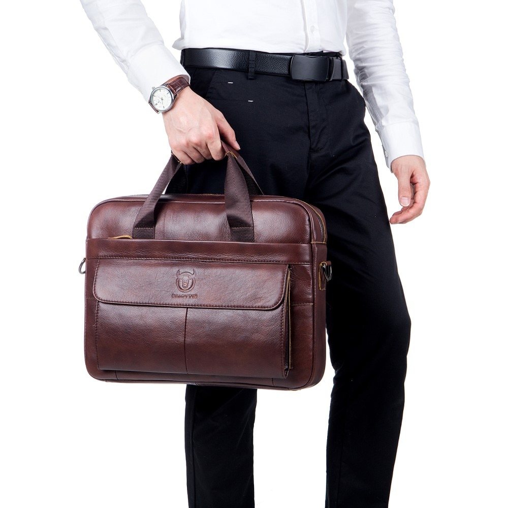 Leather Laptop Bag with Shoulder Strap Brown