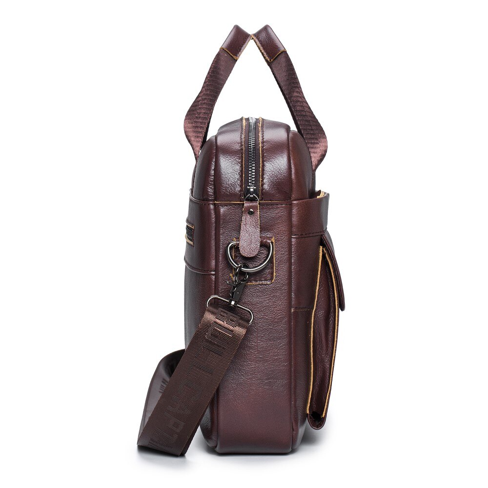 Leather Laptop Bag with Shoulder Strap Brown