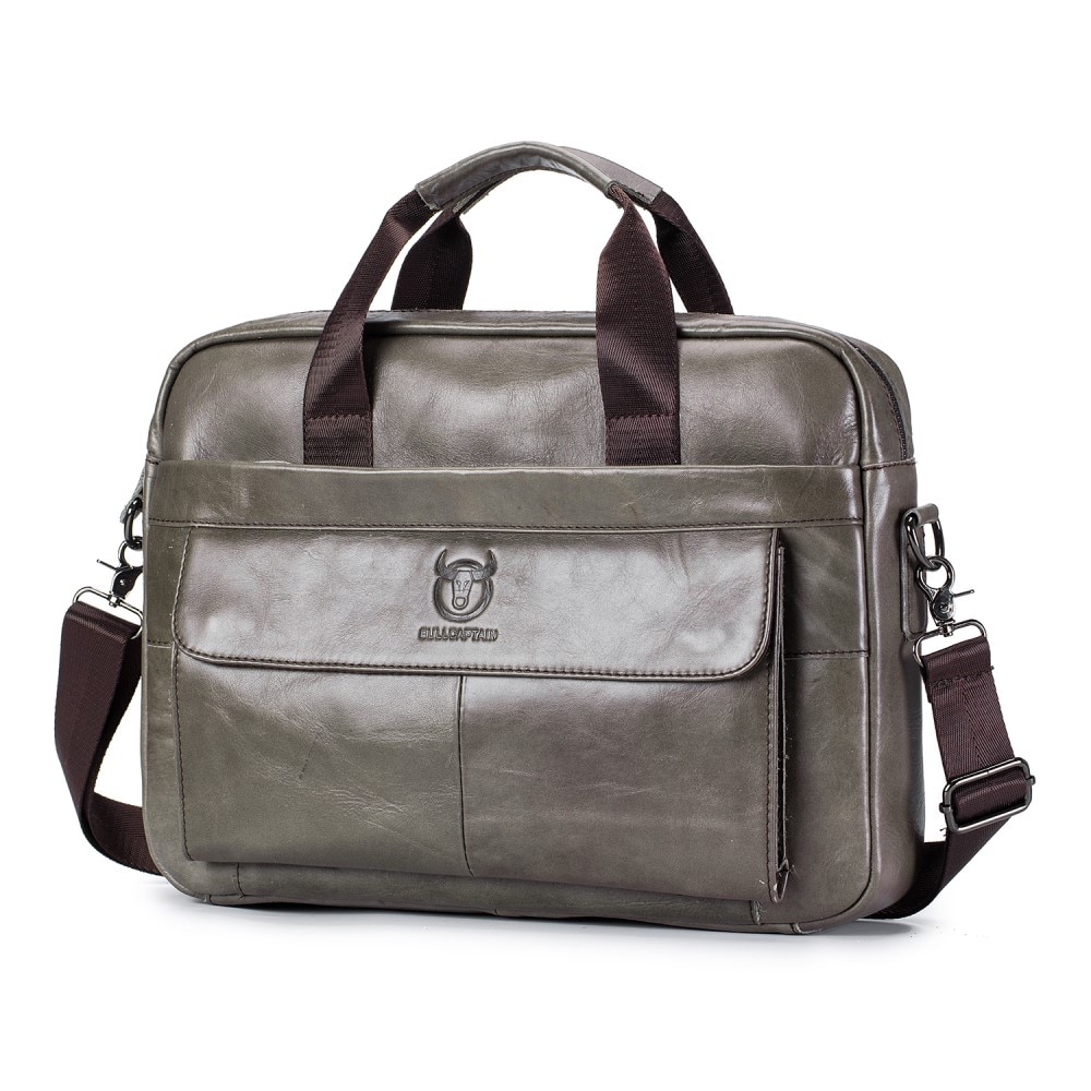 Leather Laptop Bag with Shoulder Strap Grey
