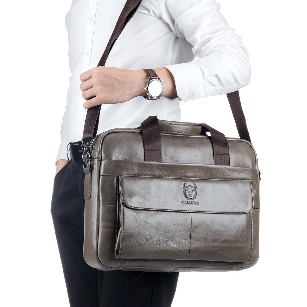 Leather Laptop Bag with Shoulder Strap Grey