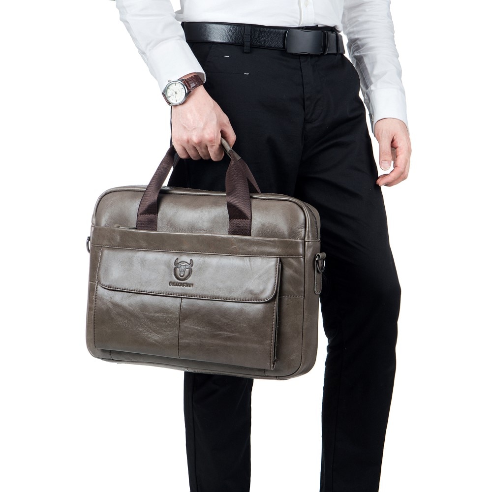 Leather Laptop Bag with Shoulder Strap Grey