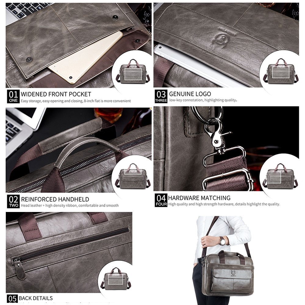 Leather Laptop Bag with Shoulder Strap Grey