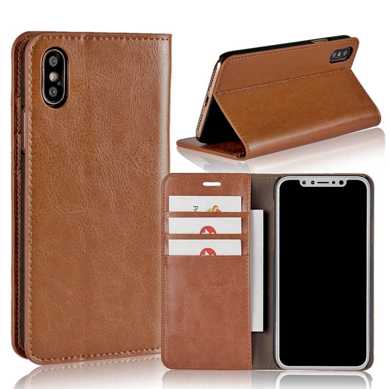 iPhone X/XS Genuine Leather Wallet Case Brown