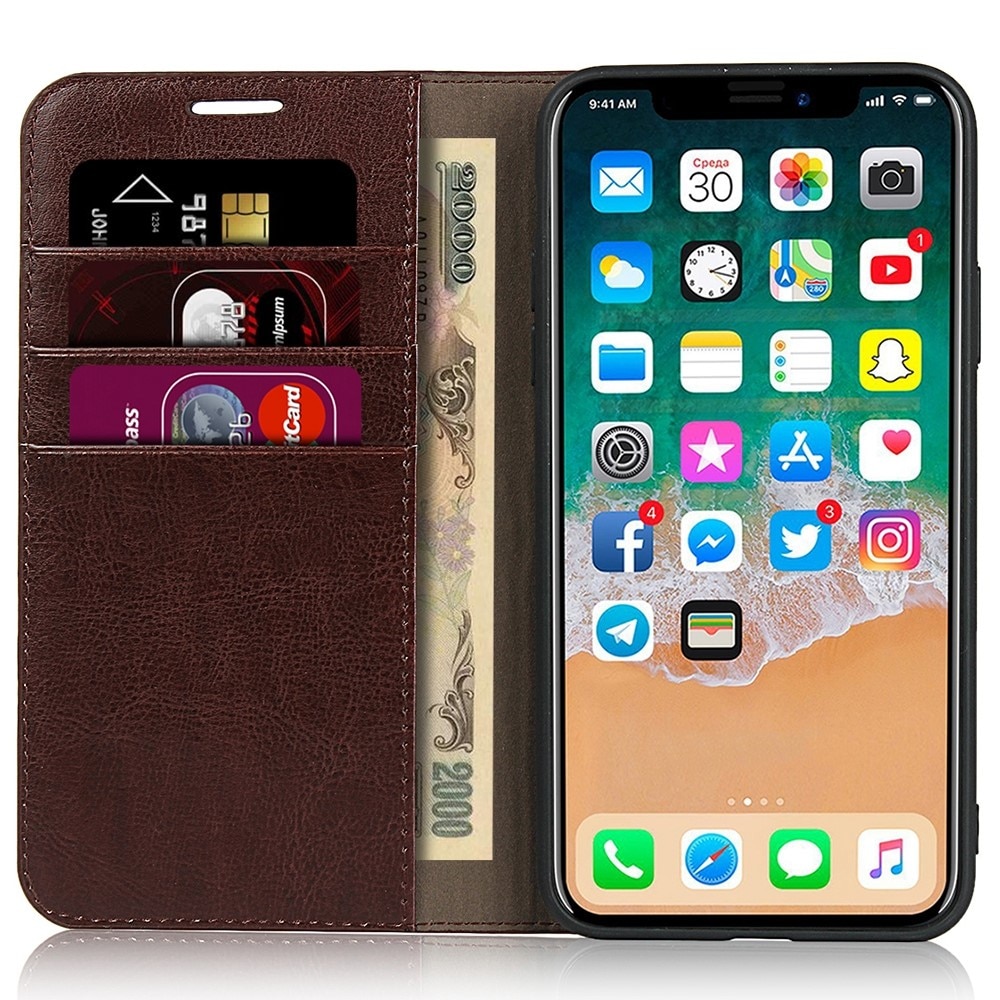iPhone XR Genuine Leather Wallet Case Dark Brown