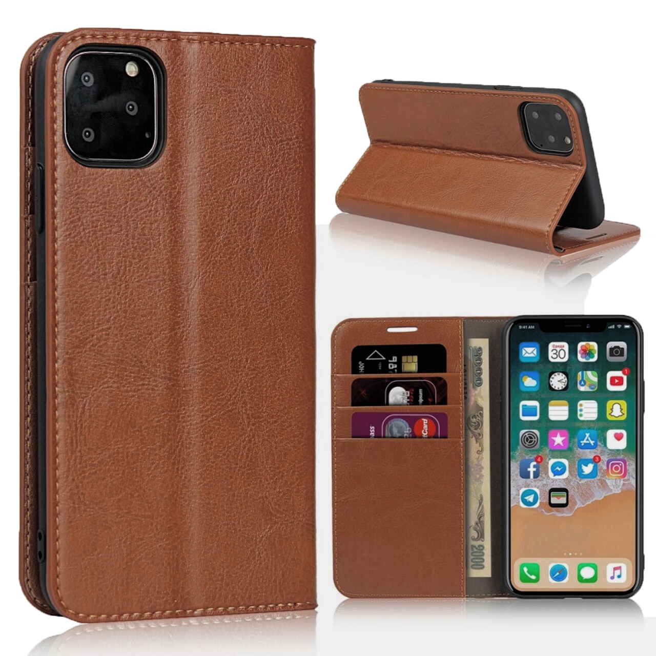 iPhone 11 Pro Genuine Leather Wallet Case Brown