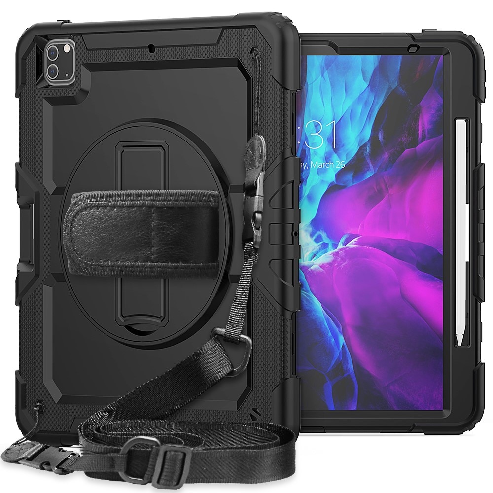 iPad Pro 12.9 4th Gen (2020) Shockproof Full Protection Hybrid Case w. Shoulder Strap Black