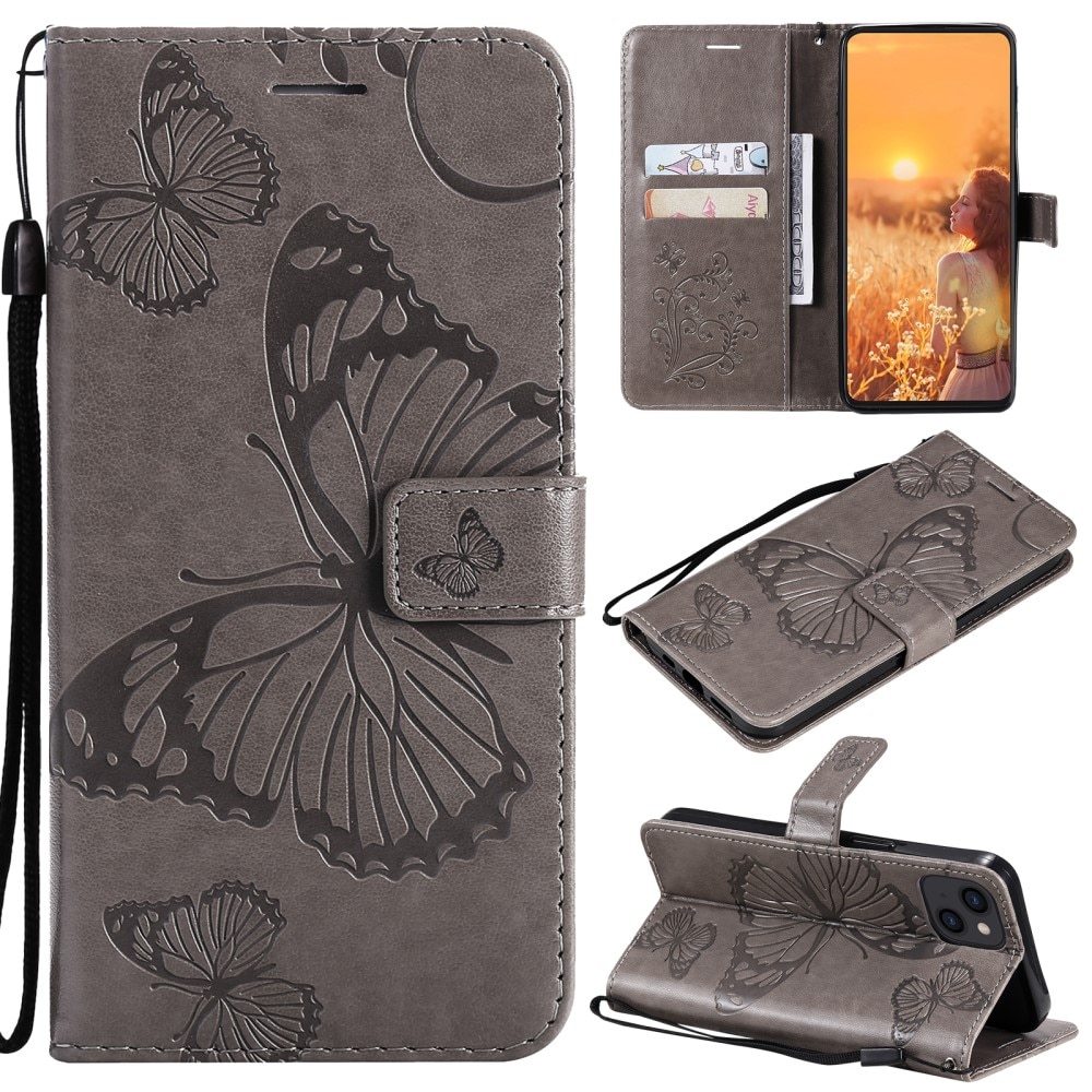 iPhone 13 Leather Cover Imprinted Butterflies Grey