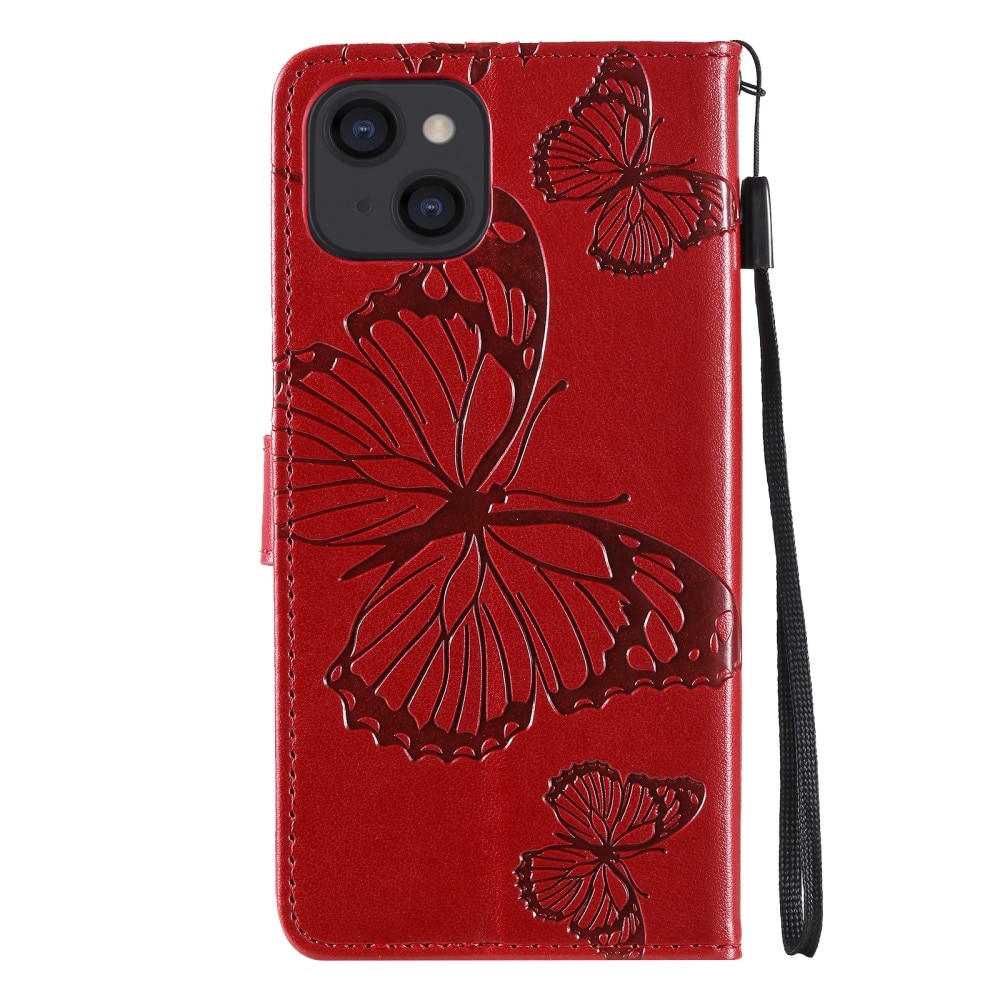 iPhone 13 Leather Cover Imprinted Butterflies Red