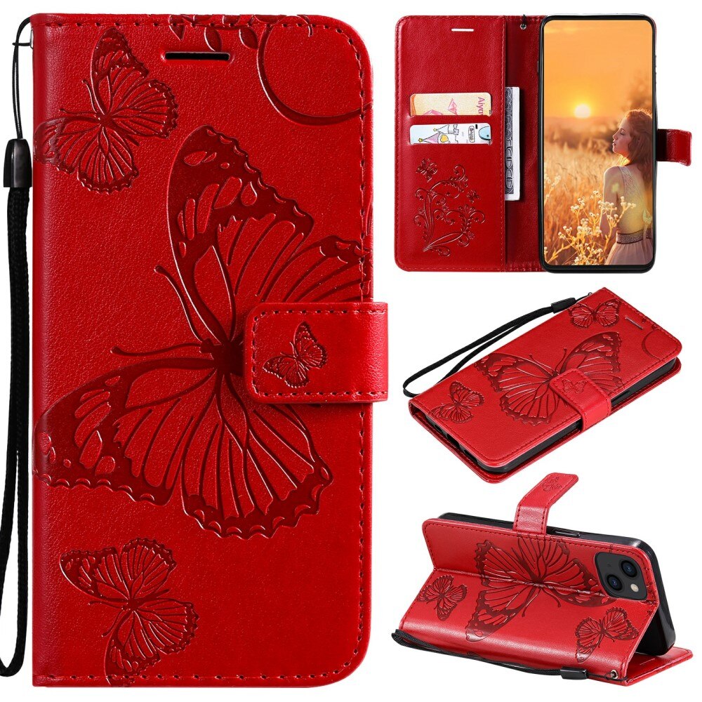 iPhone 13 Leather Cover Imprinted Butterflies Red