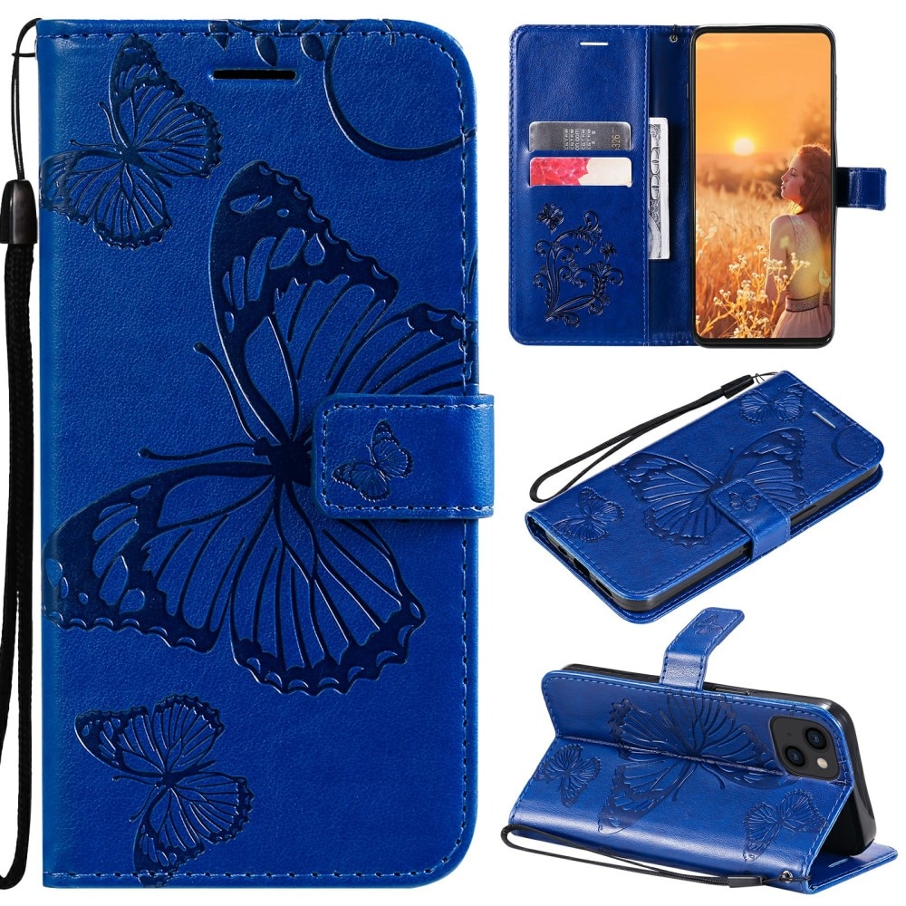 iPhone 13 Leather Cover Imprinted Butterflies Blue