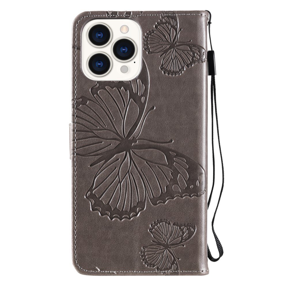 Apple iPhone 13 Pro Leather Cover Imprinted Butterflies Grey