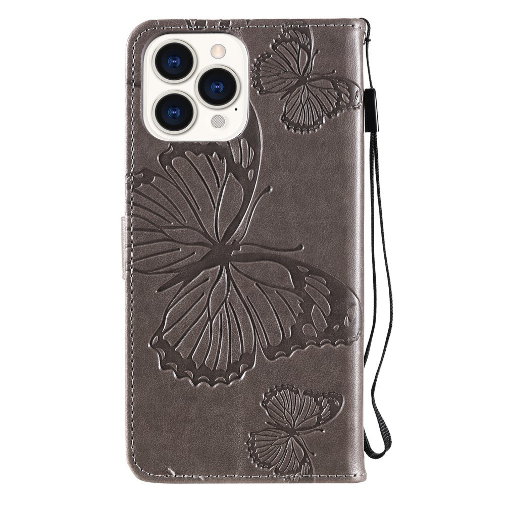 iPhone 13 Pro Leather Cover Imprinted Butterflies Grey