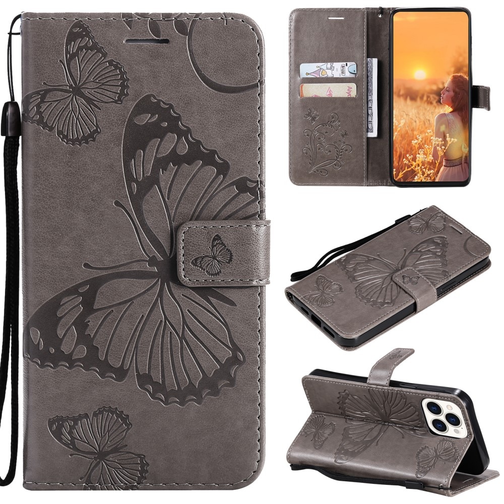 iPhone 13 Pro Leather Cover Imprinted Butterflies Grey