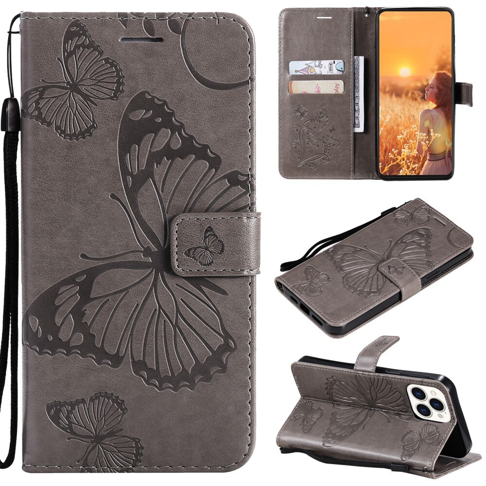 Apple iPhone 13 Pro Leather Cover Imprinted Butterflies Grey