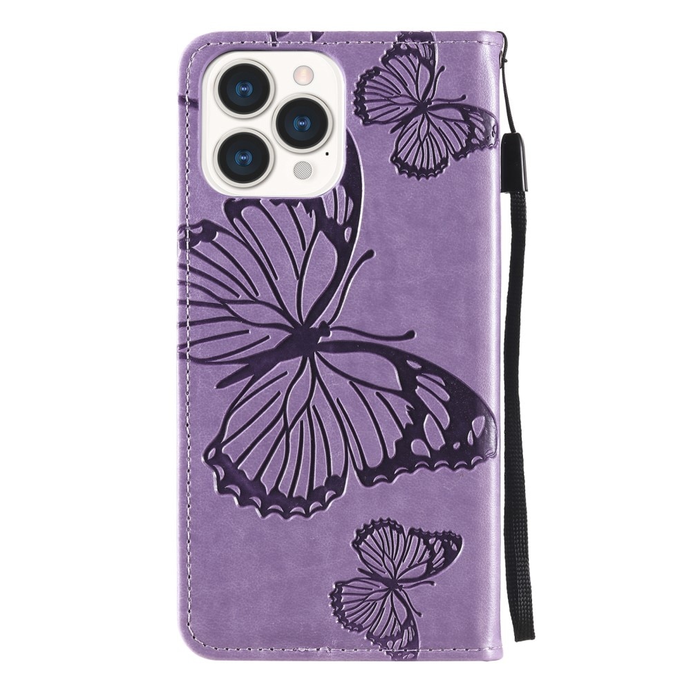 iPhone 13 Pro Leather Cover Imprinted Butterflies Purple