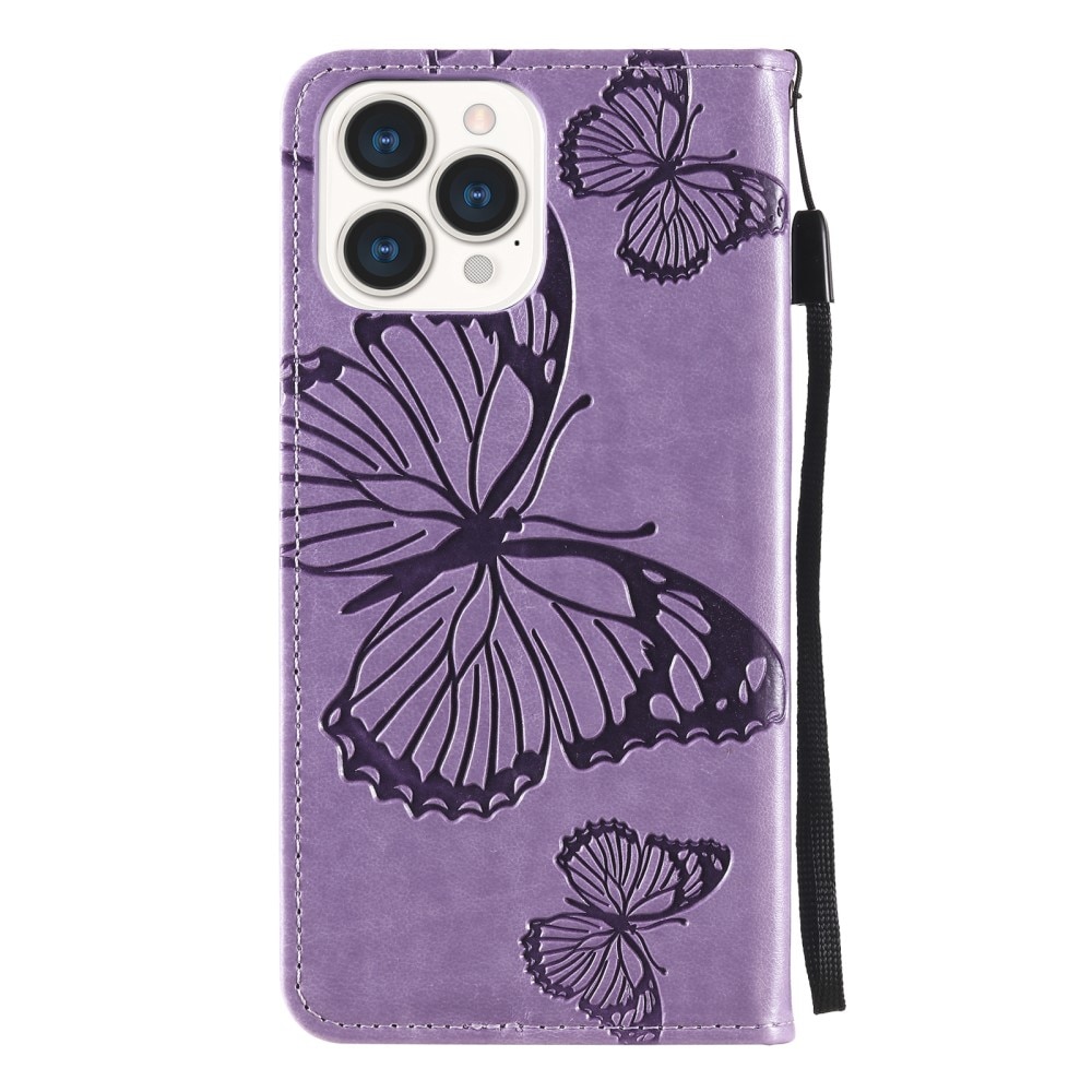 Apple iPhone 13 Pro Leather Cover Imprinted Butterflies Purple