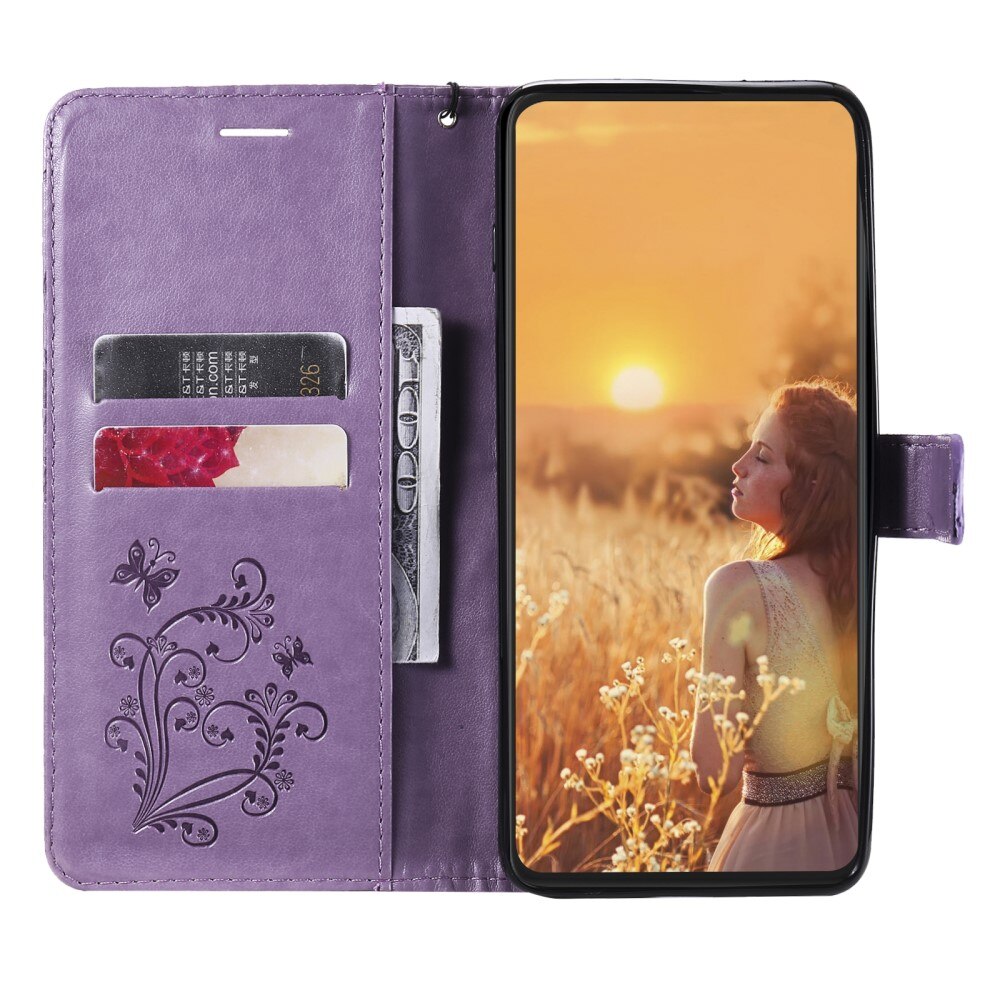 Apple iPhone 13 Pro Leather Cover Imprinted Butterflies Purple