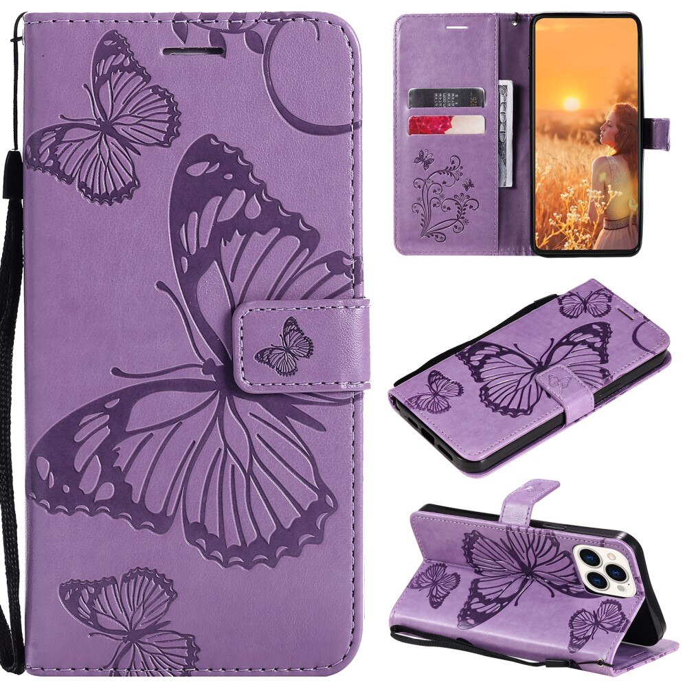 iPhone 13 Pro Leather Cover Imprinted Butterflies Purple