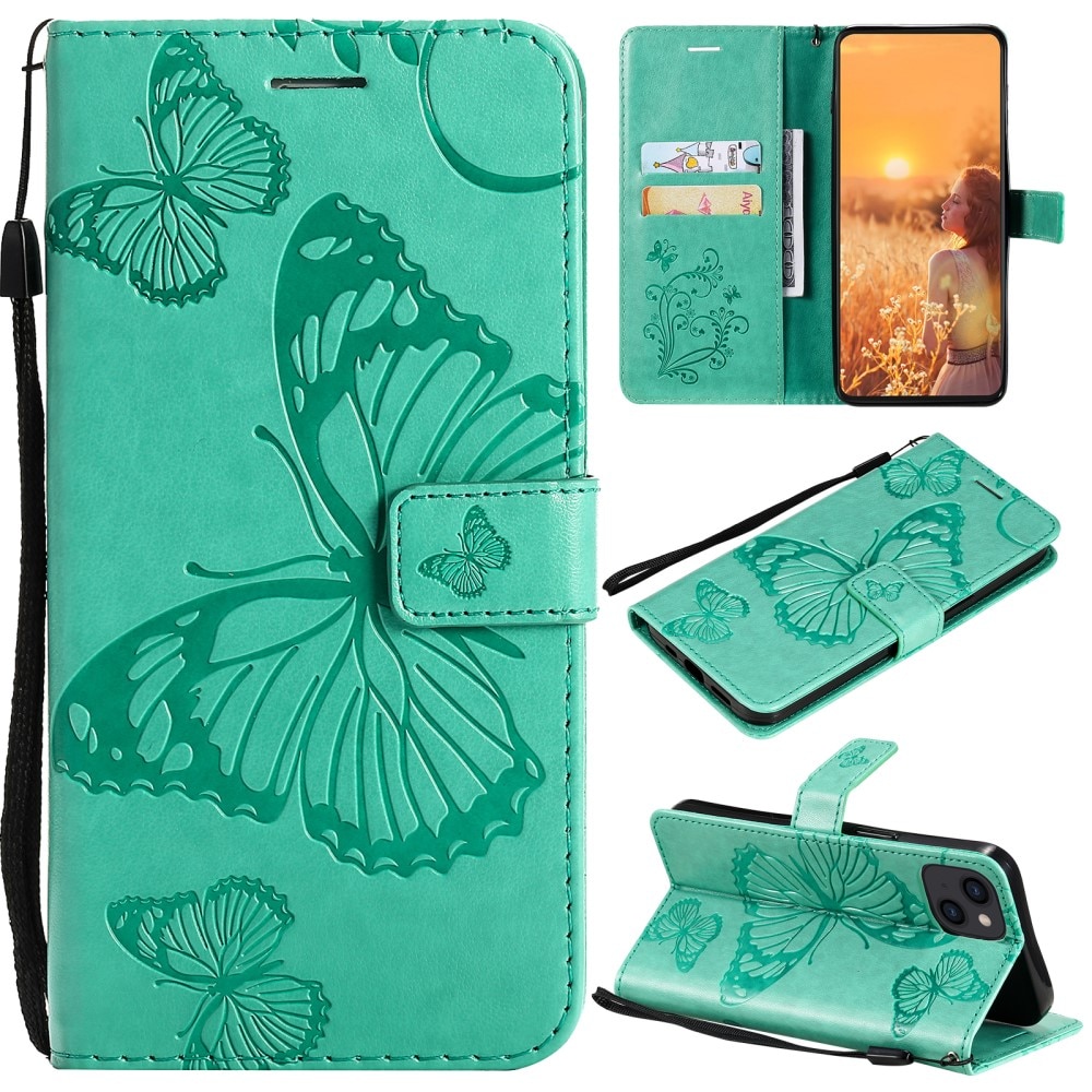 iPhone 13 Mini Leather Cover Imprinted Butterflies Green