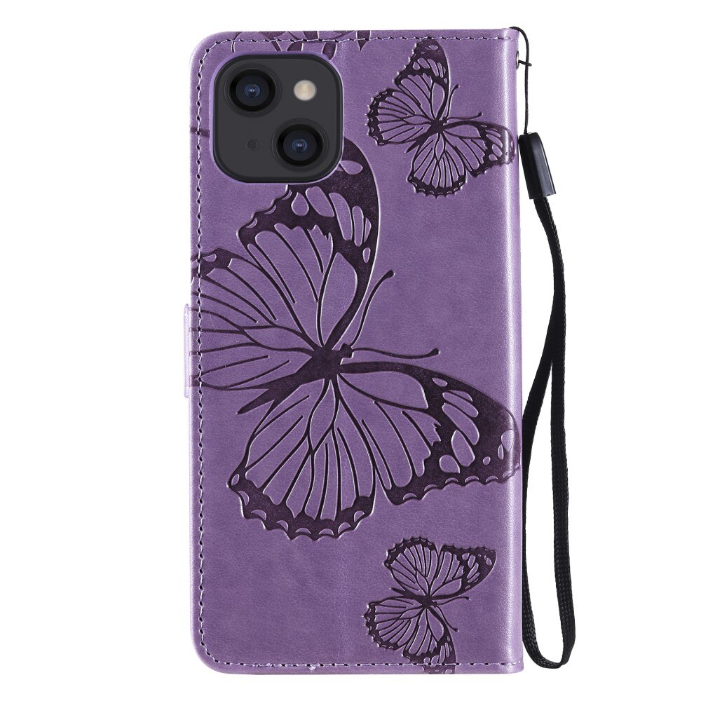 Apple iPhone 13 Mini Leather Cover Imprinted Butterflies Purple