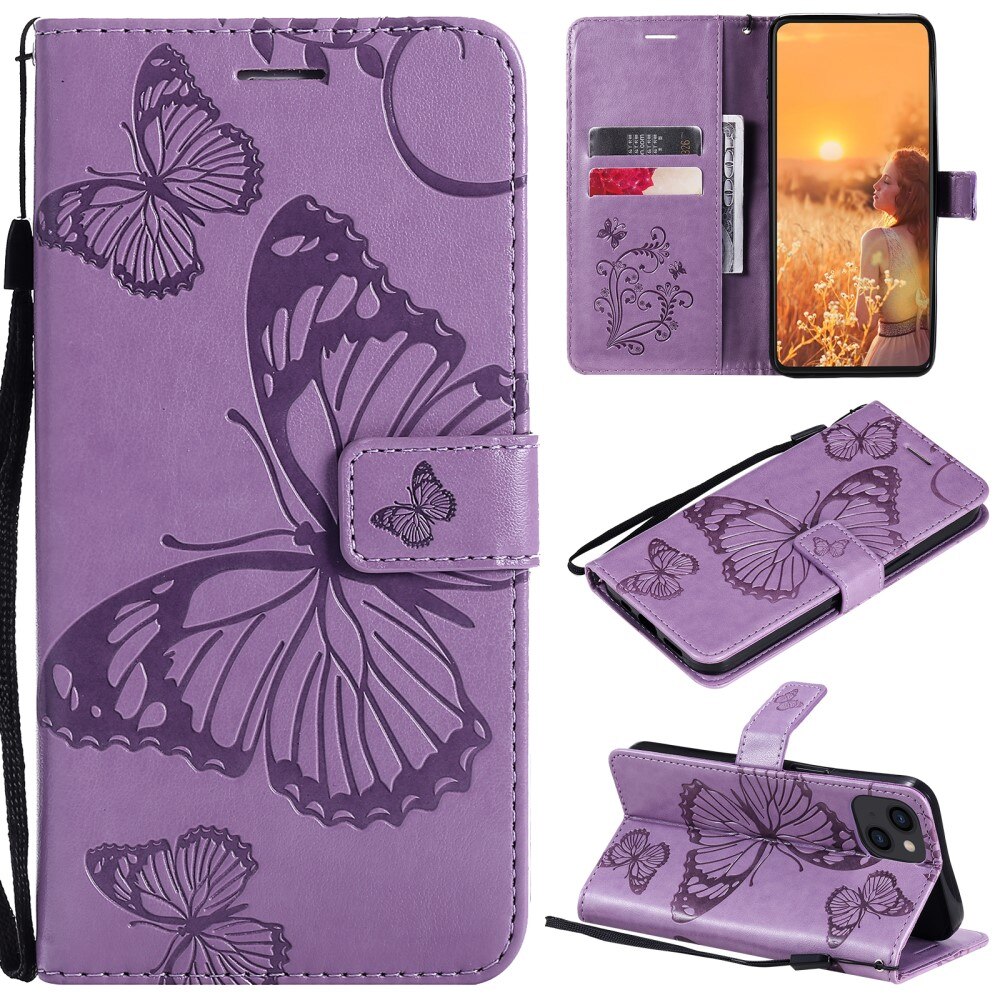 Apple iPhone 13 Mini Leather Cover Imprinted Butterflies Purple