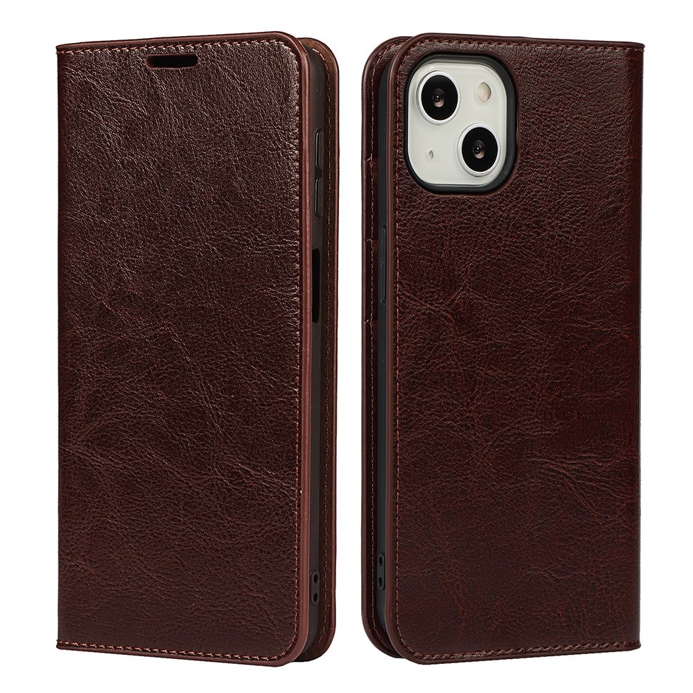 iPhone 13 Genuine Leather Wallet Case Dark Brown