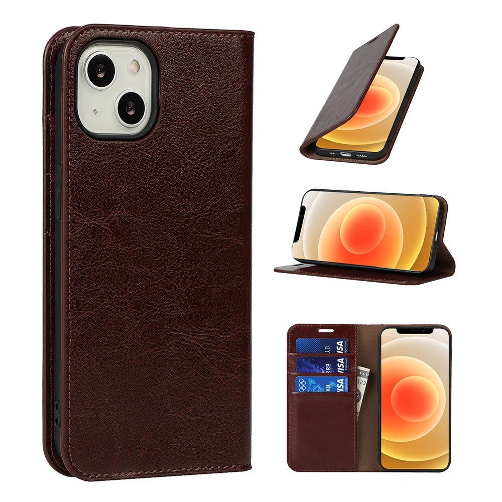 iPhone 13 Genuine Leather Wallet Case Dark Brown