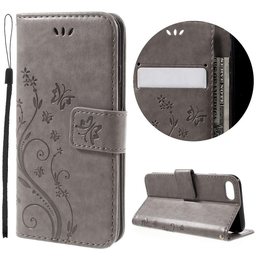 iPhone 8 Leather Cover Imprinted Butterflies Grey