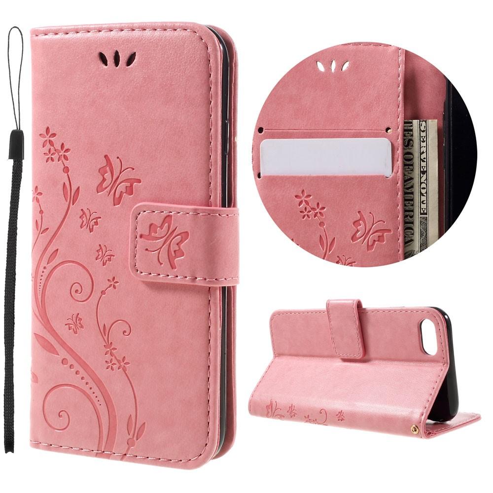 iPhone SE (2022) Leather Cover Imprinted Butterflies Pink