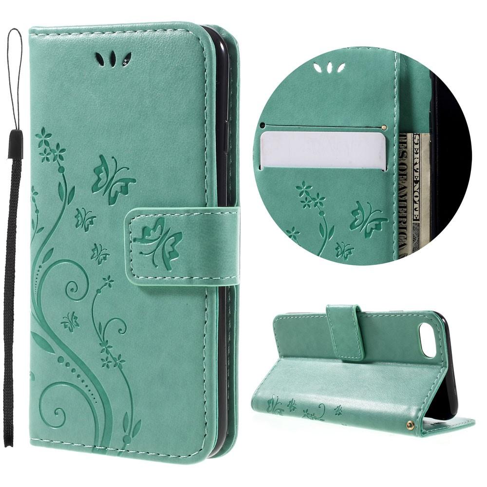 iPhone SE (2020) Leather Cover Imprinted Butterflies Green