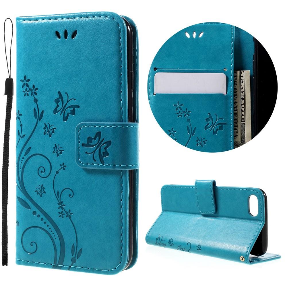 iPhone SE (2020) Leather Cover Imprinted Butterflies Blue