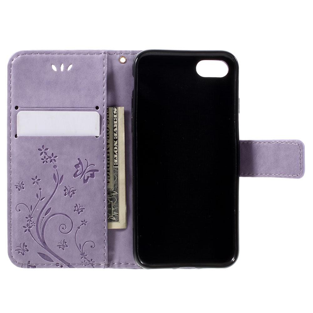 iPhone SE (2022) Leather Cover Imprinted Butterflies Purple
