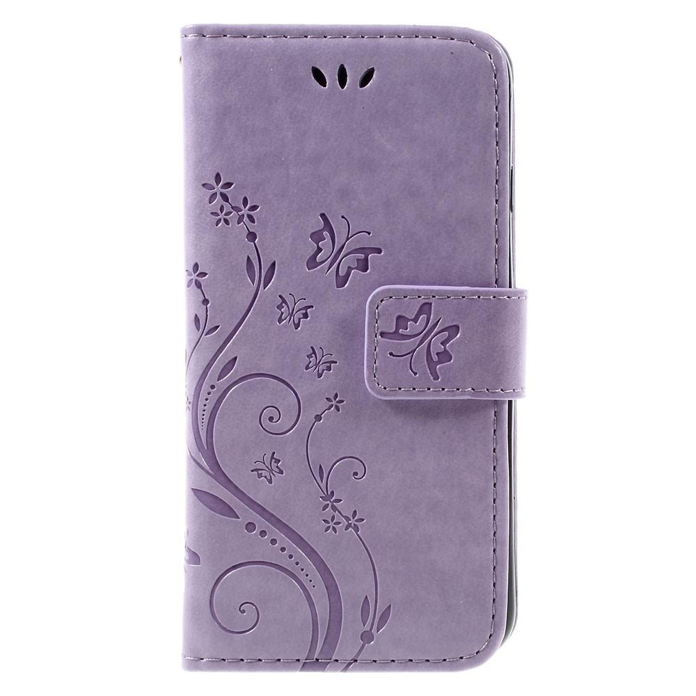 iPhone SE (2022) Leather Cover Imprinted Butterflies Purple