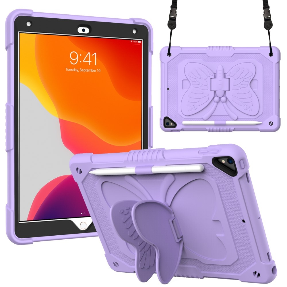 iPad 10.2 Butterfly Hybrid Case w. Shoulder Strap Purple