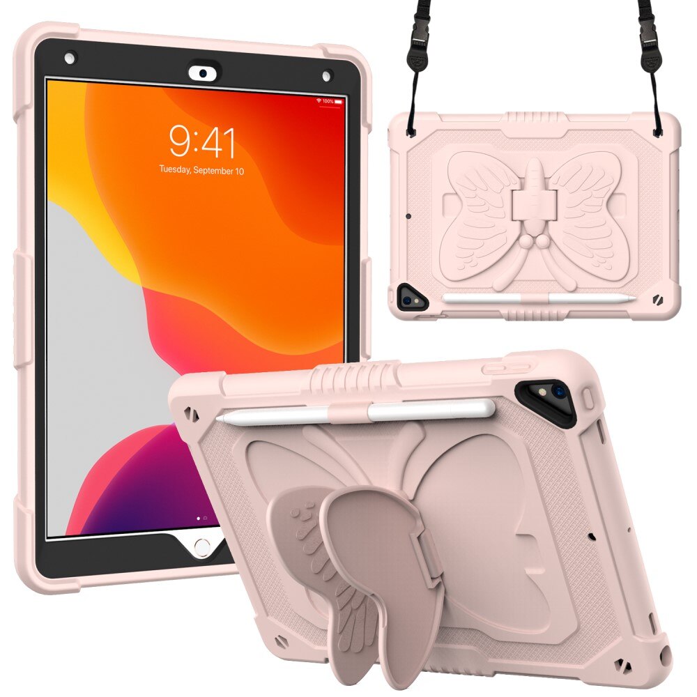 iPad 10.2 8th Gen (2020) Butterfly Hybrid Case w. Shoulder Strap Pink