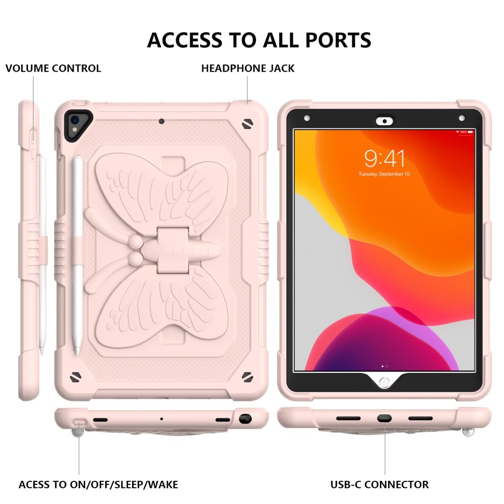 iPad 10.2 7th Gen (2019) Butterfly Hybrid Case w. Shoulder Strap Pink