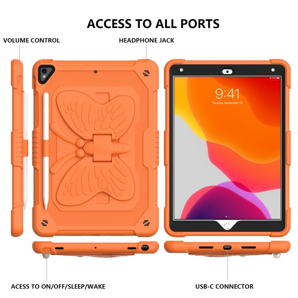 iPad 10.2 9th Gen (2021) Butterfly Hybrid Case w. Shoulder Strap Orange