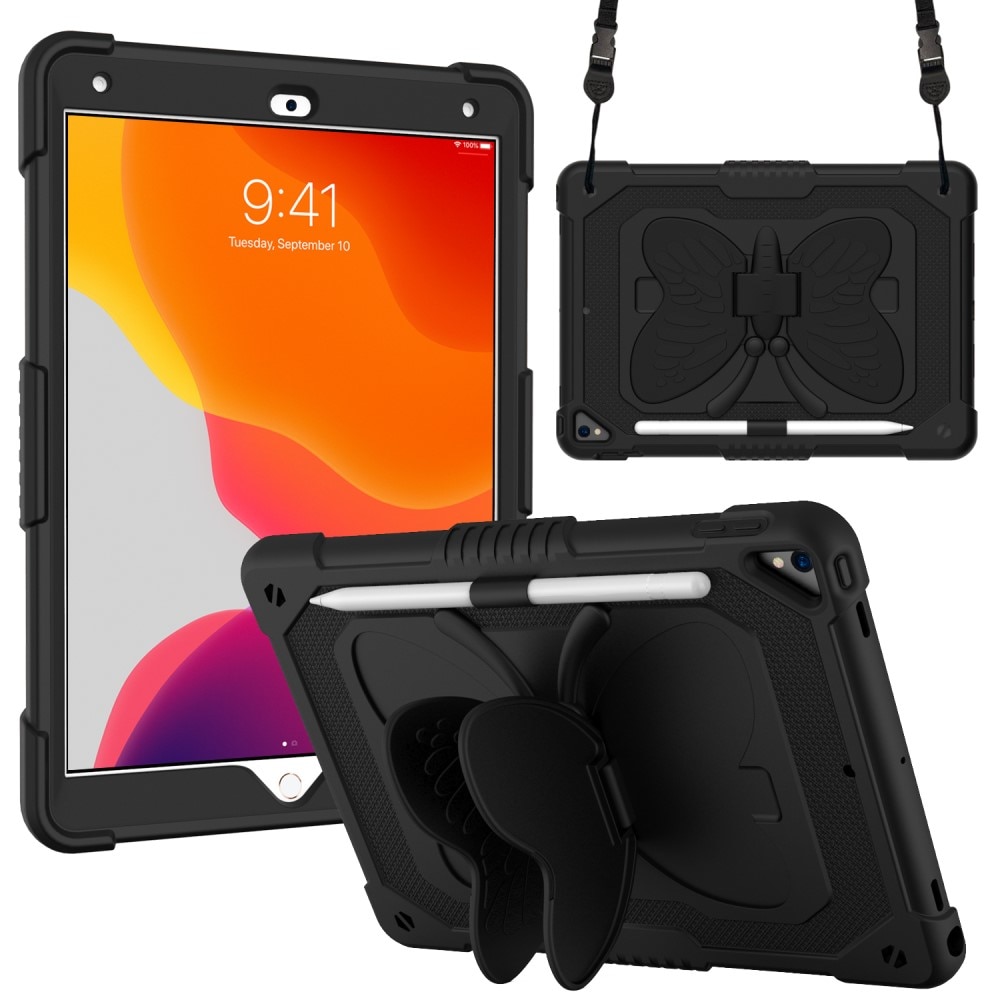 iPad 10.2 7th Gen (2019) Butterfly Hybrid Case w. Shoulder Strap Black