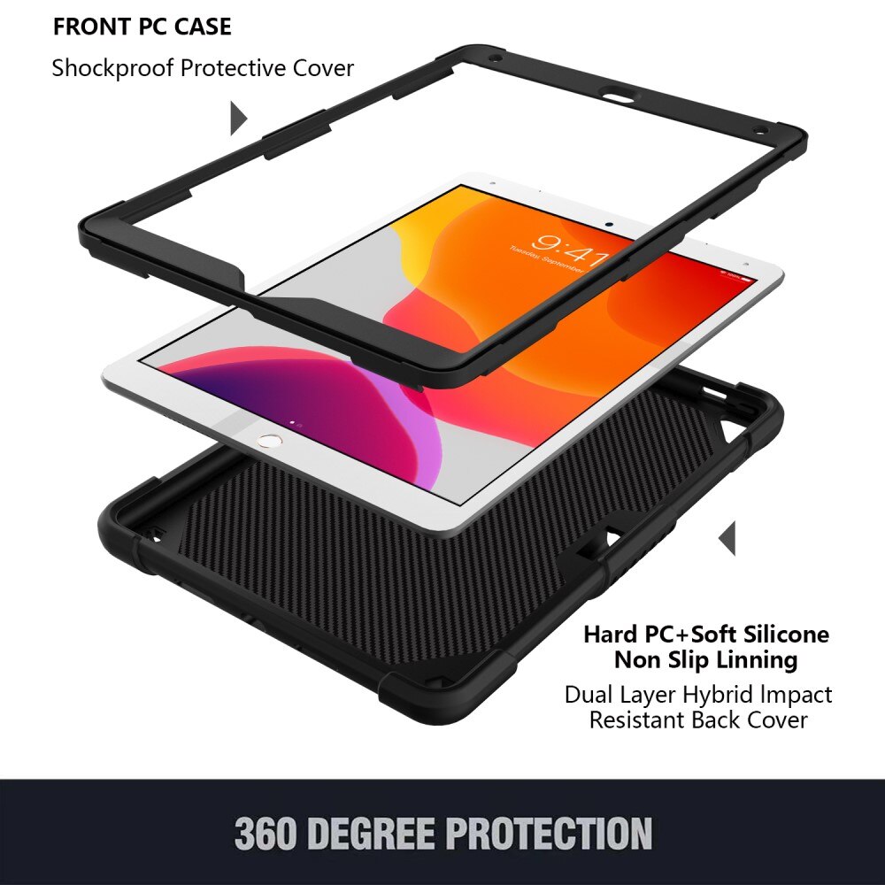 iPad 10.2 7th Gen (2019) Butterfly Hybrid Case w. Shoulder Strap Black