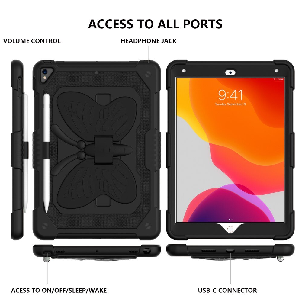 iPad 10.2 7th Gen (2019) Butterfly Hybrid Case w. Shoulder Strap Black