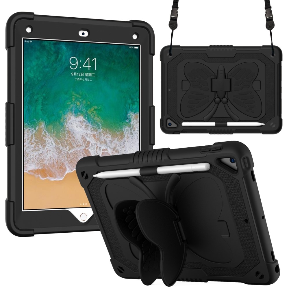 iPad 9.7 5th Gen (2017) Butterfly Hybrid Case w. Shoulder Strap Black