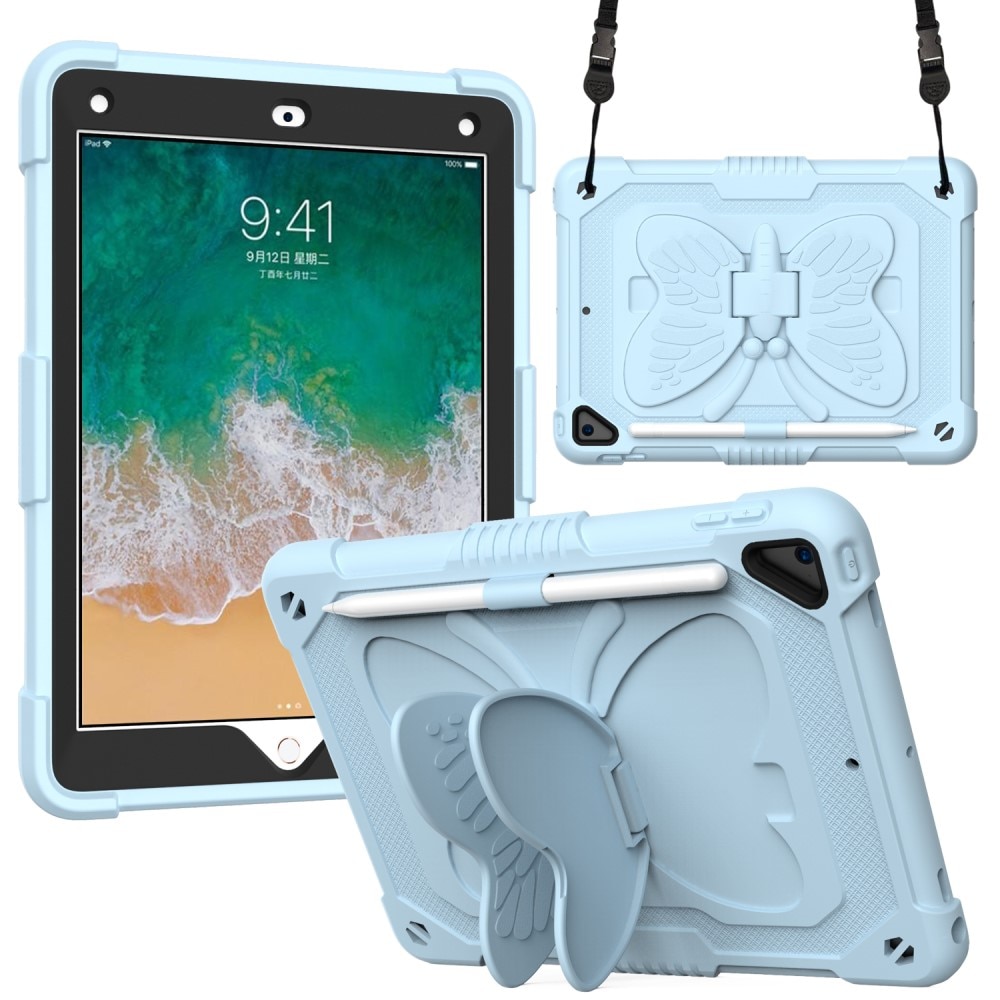 iPad 9.7 6th Gen (2018) Butterfly Hybrid Case w. Shoulder Strap Blue