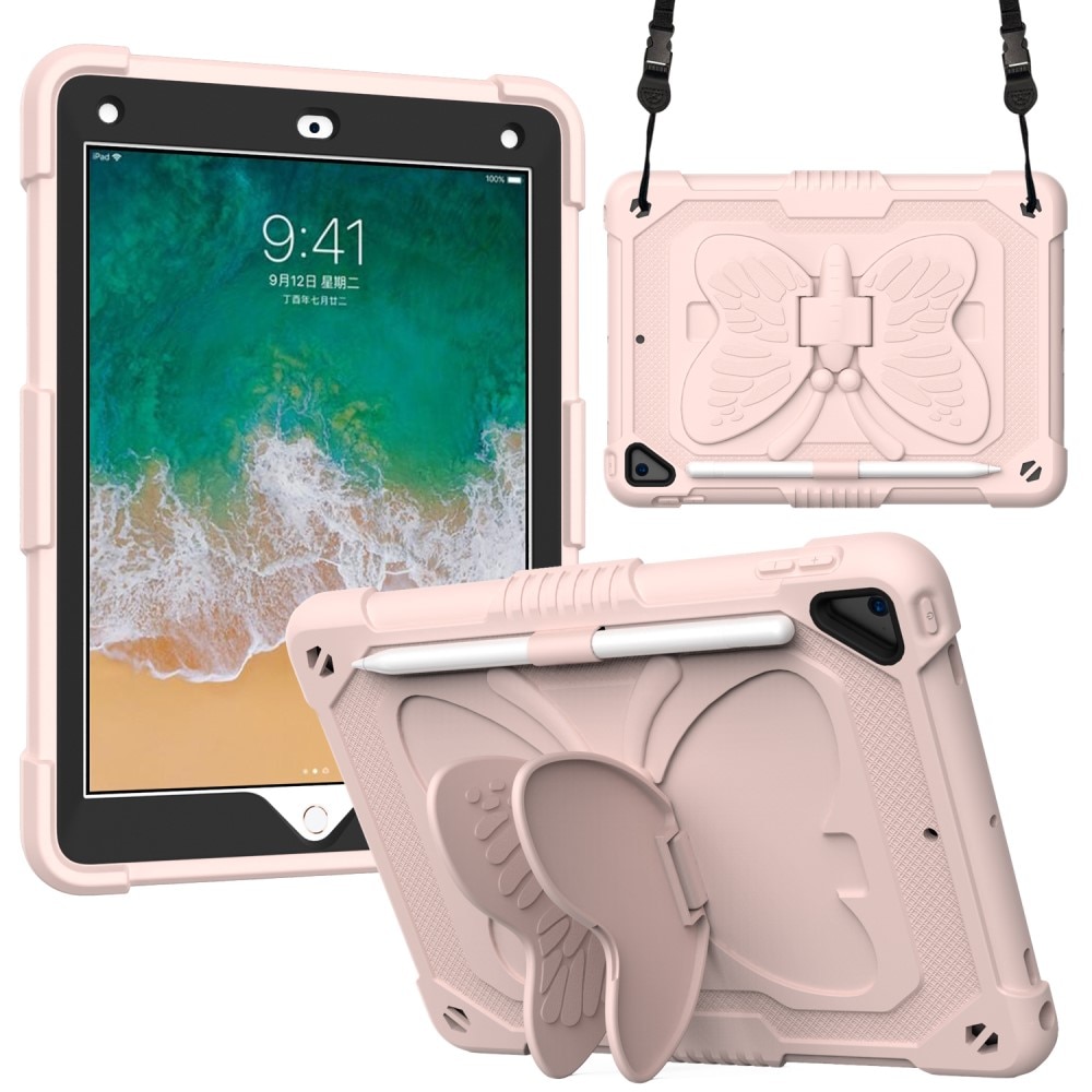 iPad 9.7 6th Gen (2018) Butterfly Hybrid Case w. Shoulder Strap Pink