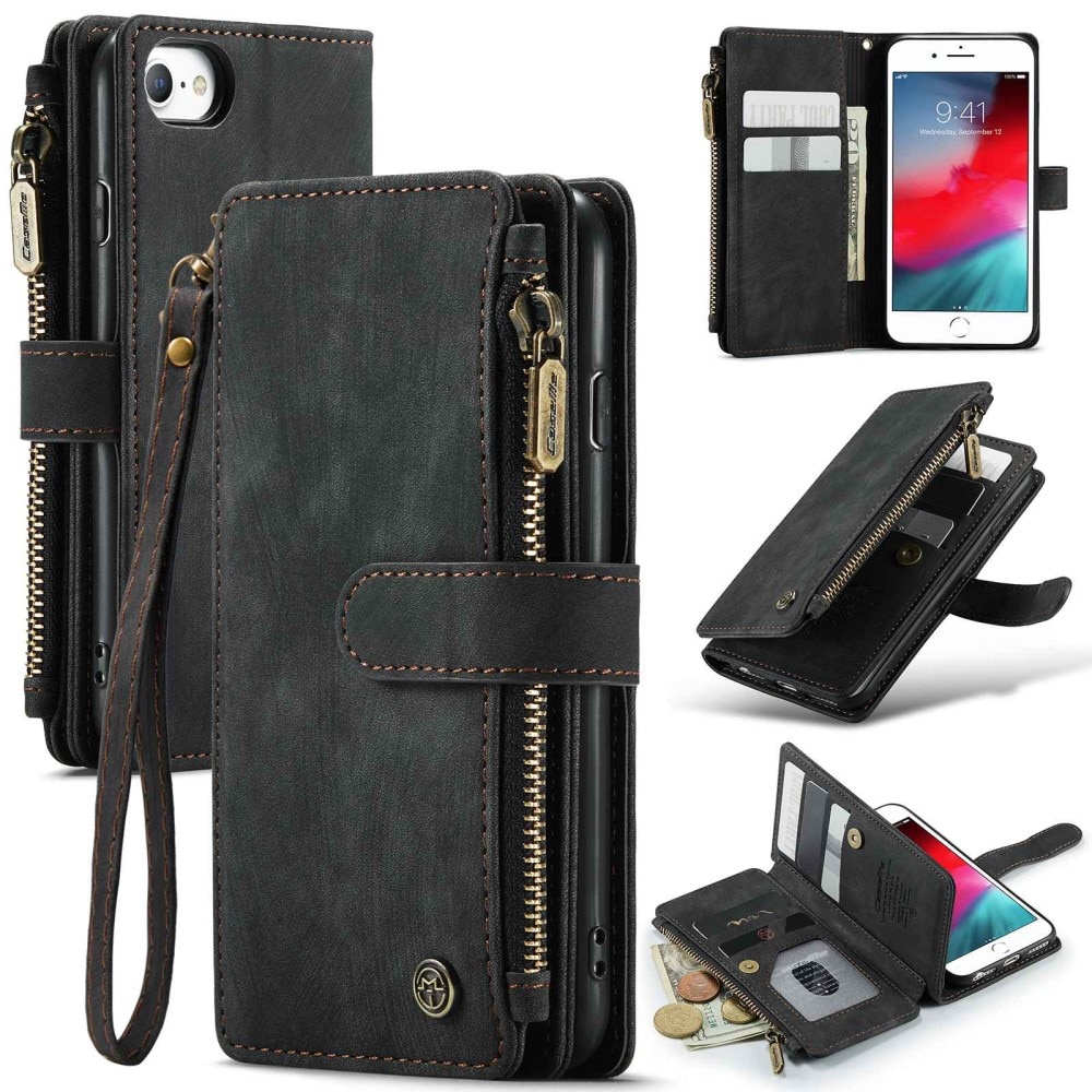 iPhone 6/6S/7/8/SE Zipper Wallet Book Cover Black