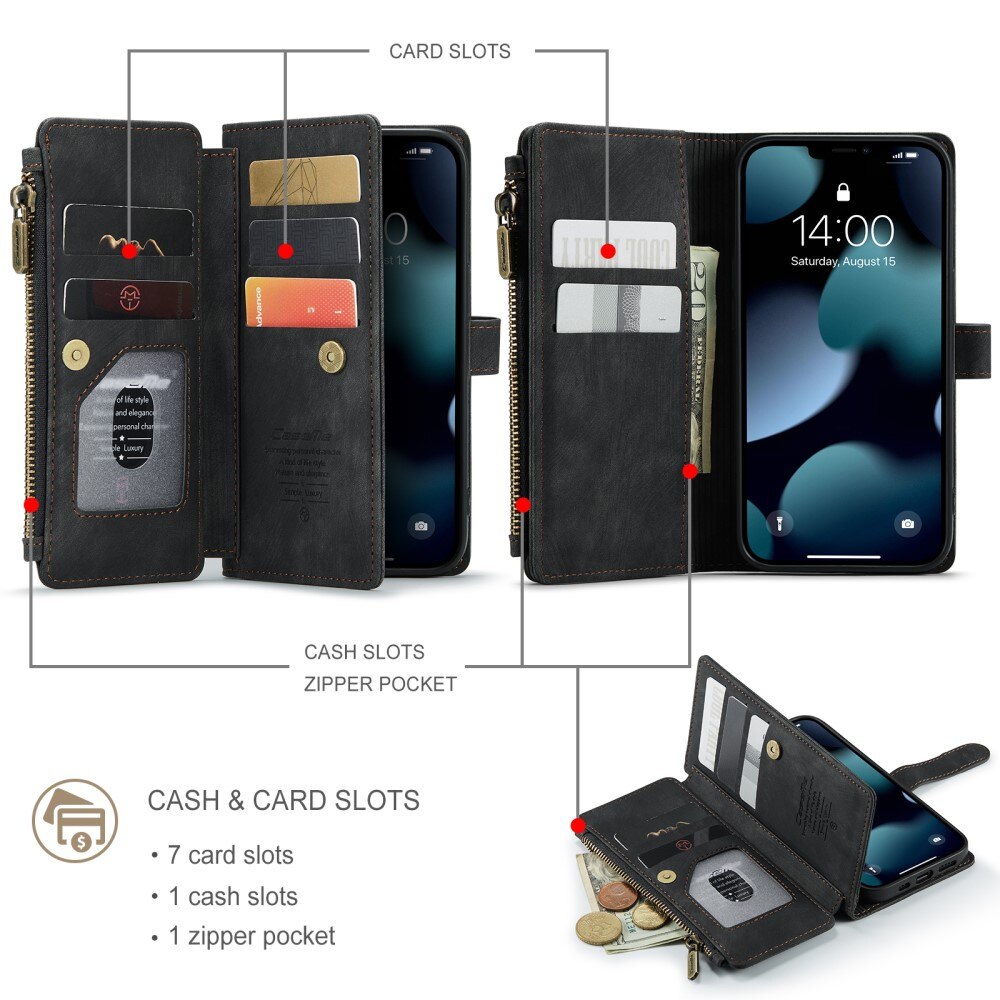 iPhone 13 Zipper Wallet Book Cover Black