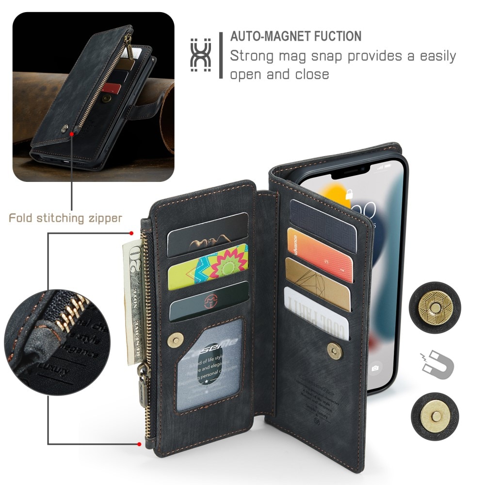iPhone 13 Pro Max Zipper Wallet Book Cover Black
