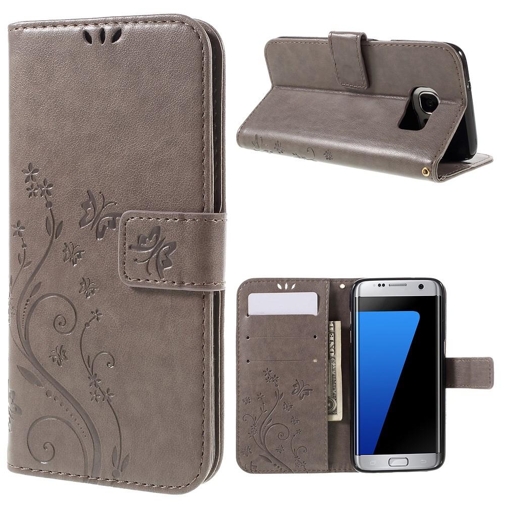 Samsung Galaxy S7 Edge Leather Cover Imprinted Butterflies Grey